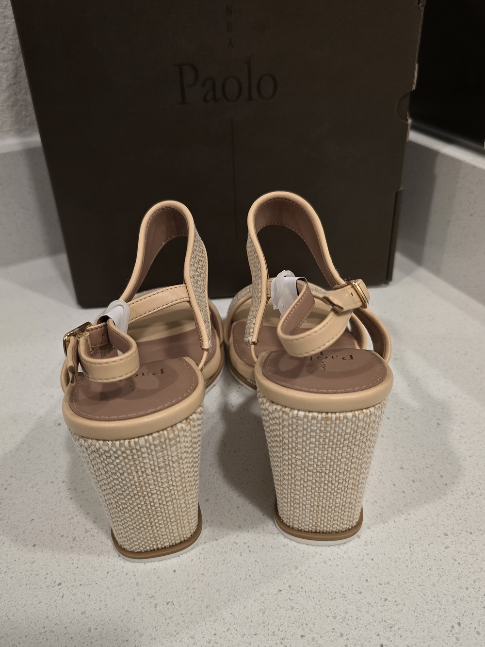 Paolo Beige Woven Block Heel Sandals 10M with Ankle Strap